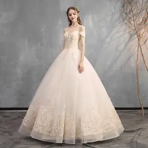 Off Shoulder Champagne Lace Applique Embroidered Princess Puffy Prom Ball Gown Wedding Dress