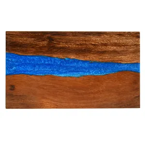 Walnut Olive Wood and Resin Live Edge Cutting Board Wave Handmade Large Charcuterie Boards with Ocean Blue River