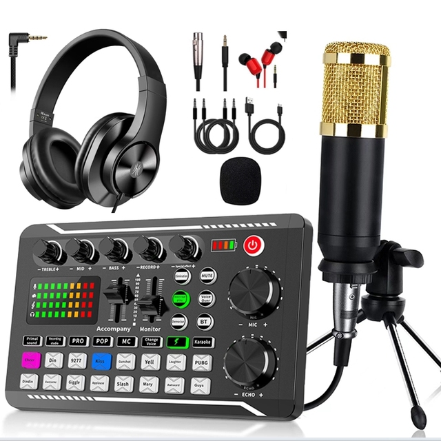 F998 with BM800 Gaming Audio Mixer Streaming RGB PC Mixer with XLR Microphone Interface for Podcast Recording Vocal Game Voice