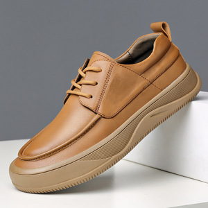 Chaussures décontractées en cuir à lacets pour hommes, marron, talon bas, couleur unie, style bateau, lacets avant, semelle adhésive, style jeune - Product Image 1