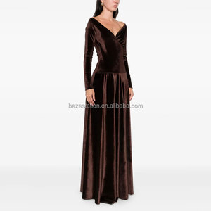 Abito di Lusso in Velluto <span class=keywords><strong>su</strong></span> <span class=keywords><strong>Misura</strong></span>, Produzione OEM/ODM, Scollo a V, Vita Alta, Maniche Lunghe, Fabbrica di Abbigliamento di Alta Qualità - Product Image 3