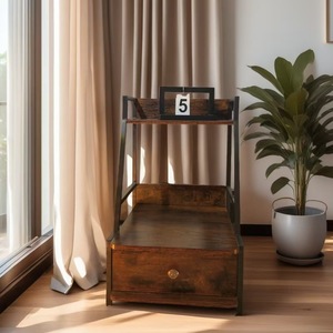 Antique-style ironwood bedside <b>table</b>, luxurious and high-<b>end</b> bedside <b>table</b> with steel and wood drawers, <b>storage</b> cabinet. - Product Image 2