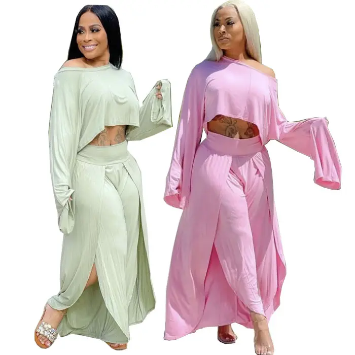 Casual Style Long Sleeve Crop Top and Loose Slit Pants Trend Plus Size Cotton Two Piece Pants Set Women Clothing