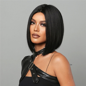 Ainizi Perruque Courte Bob de 12 Pouces avec <span class=keywords><strong>Frange</strong></span>, Raie au Milieu, Noire, en Fibre Haute Température, Sans Colle, Ligne de <span class=keywords><strong>Cheveux</strong></span> Naturelle, Résistante à la Chaleur, Qualité Premium - Product Image 4