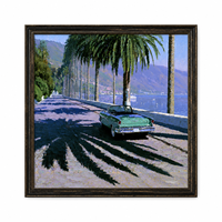 Pintura al Óleo Vintage de Carretera con Palmeras junto al Lago, Cuadro Retro con Marco de Madera Negra, Arte Escénico para Decoración de Salón de Hotel/Villa