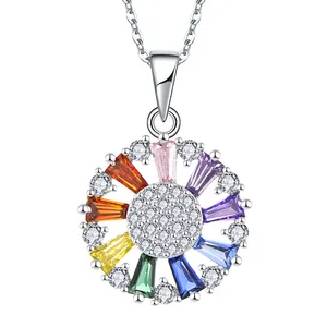 Collar de plata de ley 925 personalizado para mujer, colgante de cuarzo con Círculo de arcoíris de moda