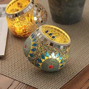 Amazon Hot Selling Round Shape Glass Mosaic Candle Holder Moroccan Lanterns Tealight Holder Candlestick Cup For Wedding Decor
