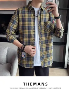 <span class=keywords><strong>Chemise</strong></span> pour homme à manches longues ample vintage en coton à <span class=keywords><strong>carreaux</strong></span> brodée avec des boutons surdimensionnés personnalisés en gros - Product Image 5