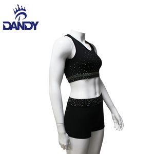 Chất lượng cao tùy chỉnh cheerleading Cheer Train thực hành thể thao màu đen Crop Tops và quần short bộ hoàn chỉnh với Rhinestones - Product Image 5