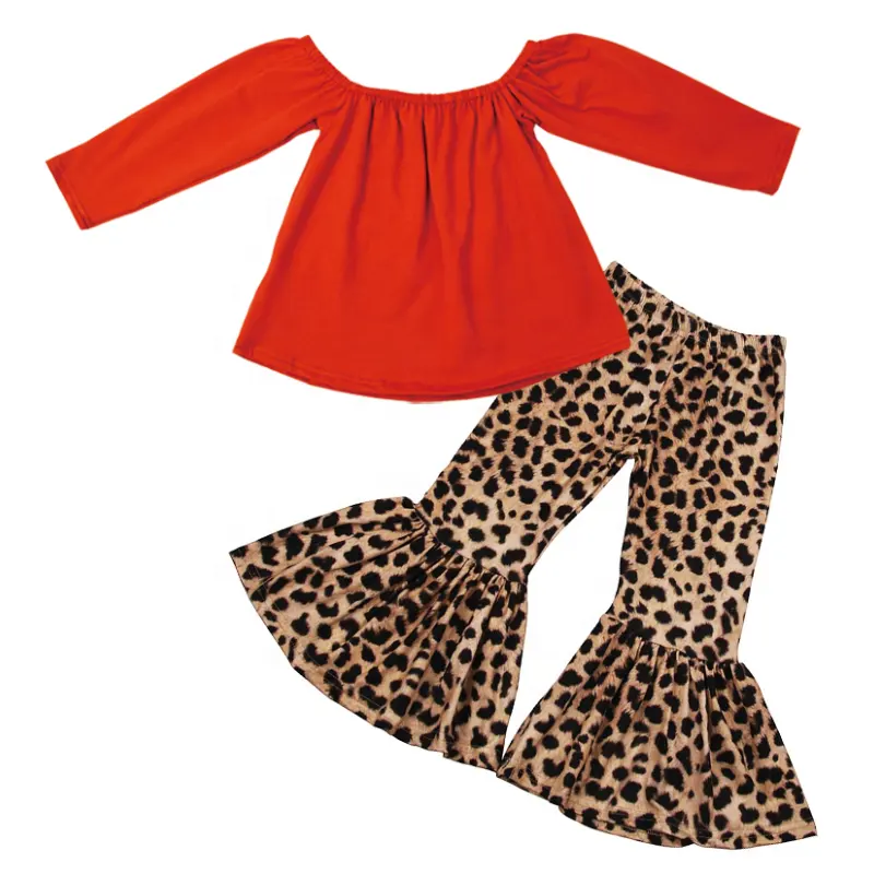 Vêtements pour tout-petit, ensemble rouge, haut sans bretelles, pantalon évasé léopard, tenues d'automne pour petites filles, vente en gros