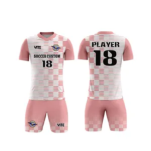 Seragam sepak bola buatan khusus pria lukisan Jersey sepak bola produsen grosir pakaian olahraga kustom merah muda cetak Digital dewasa