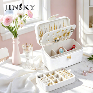 Button Flip Top Jewelry Box <b>Storage</b> Case with Compartments for Necklace Earrings Rings Jewelry Organizer <b>Chest</b> - Product Image 2