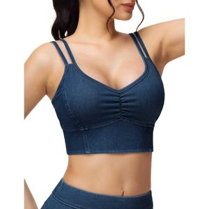 FOXA Crop top en jean pour femme, col en V, rembourré, à bretelles, soutien-gorge de yoga extensible et actif, camisole - Product Image 1