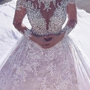 European American Style High Waisted Ball Gown Wedding Dress V Neck Illusion Long Train White Polyester Bridal Gown - Product Image 2