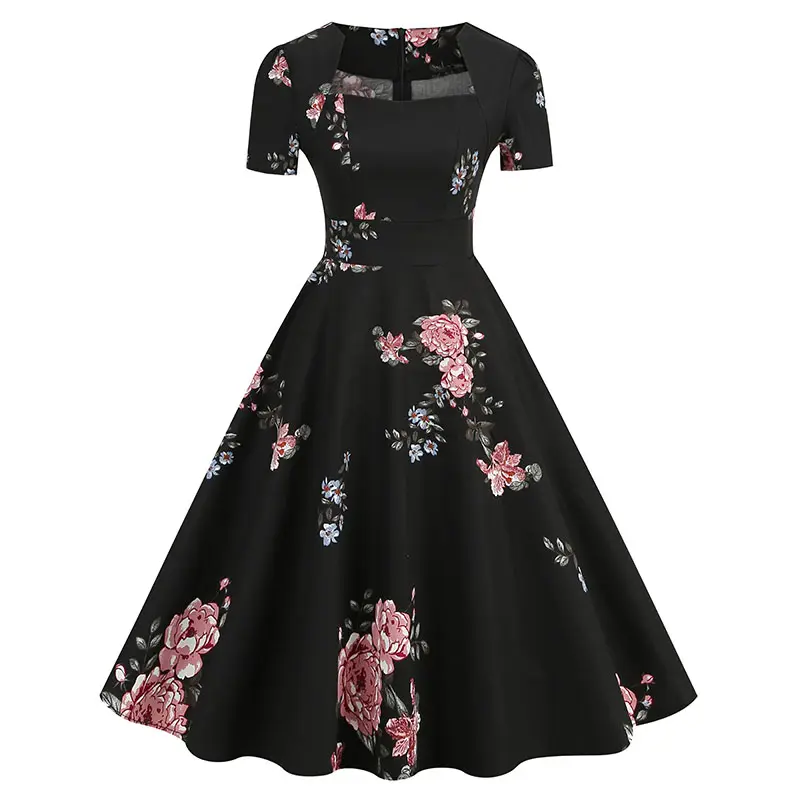 Vintage Cotton rockabilly dress Retro women short sleeve pin up dress summer swing print dress