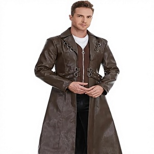 <b>Men</b> Genuine <b>Leather</b> Long Trench Coat Notched Lapel Double Breasted Belted Overcoat Regular Fit - Product Image 3