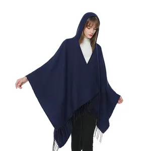 2023 Wholesale Hot selling winter imitated cashmere pashmina scarf solid color hooded cloak cape Poncho with tassel