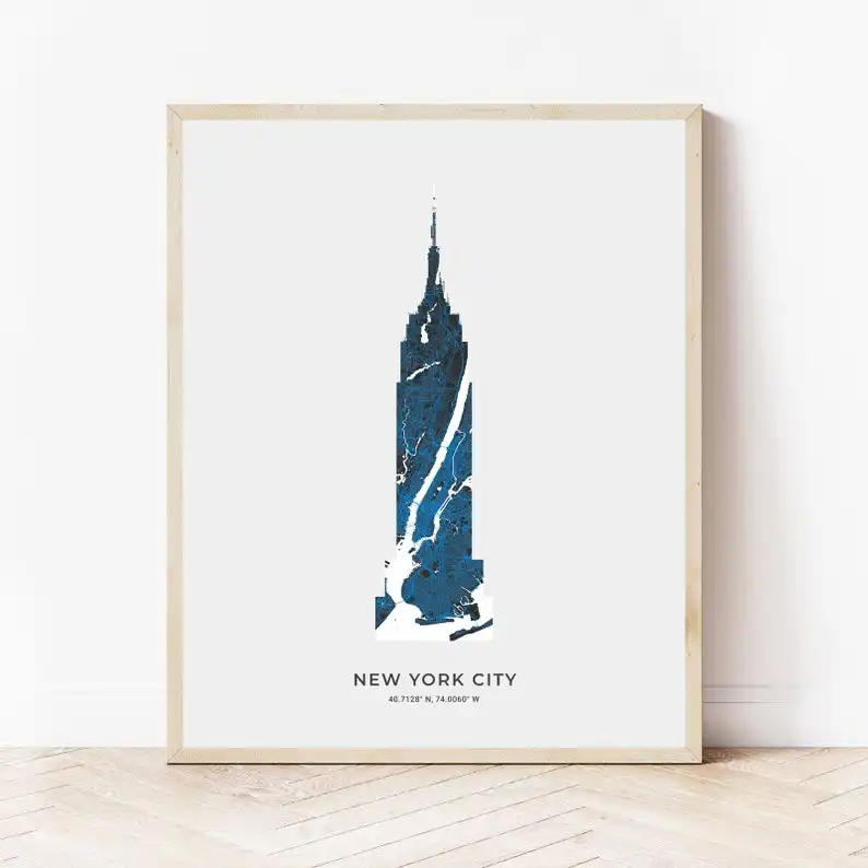 New York City Modern Wall Art Empire State Building Print Map of New York City Canvas Painting for Home Decor