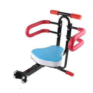 Siège enfant universel pour vélo électrique, pliable à l'avant, avec repose-pieds et barrières, construction en métal rouge et noir, pour enfants de 2 à 4 ans - Product Image 2