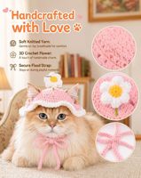 Chapeau pour animaux de compagnie au crochet fait main avec trous pour les oreilles, ornement floral, sangle nouée réglable, doux et chaud, accessoire de costume pour séance photo de chat