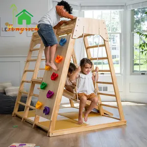 Escalador de actividades para niños pequeños, tobogán de marco de escalada de madera para interiores y exteriores con rampa y columpio, escalera de cuerda para escalar
