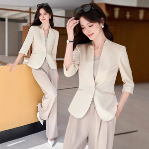 Women's Champagne Satin Blazer Three Quarter Sleeve Lightweight <b>Summer</b> 2025 Breathable Solid Color Suit <b>Jacket</b> - Product Image 2