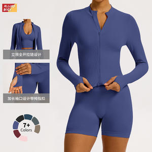 Ensemble de yoga Allure Body pour femme, 2 pièces, couleur unie, col montant, fermeture éclair intégrale, manches longues avec trous pour les pouces, vêtements de sport - Product Image 1