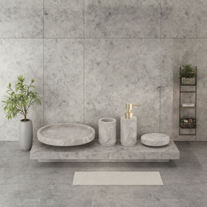 <span class=keywords><strong>Set</strong></span> di 4 <span class=keywords><strong>Accessori</strong></span> per <span class=keywords><strong>Bagno</strong></span> di Lusso in <span class=keywords><strong>Grigio</strong></span> e Oro Opaco con Testina Pompa Rotonda in Marmo Naturale - Product Image 1
