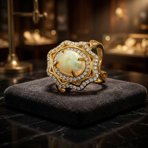Gourik Victorian Style Classic <b>Gold</b> Plated 925 Silver Oval Natural Ethiopian <b>Opal</b> with Natural Zircon Wedding Statement <b>Ring</b> - Product Image 2