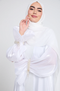 Abaya elegante de chifón blanco LEDUO, vestido musulmán para mujer, abaya abierta de lujo con mangas acampanadas y adornos blancos. - Product Image 2