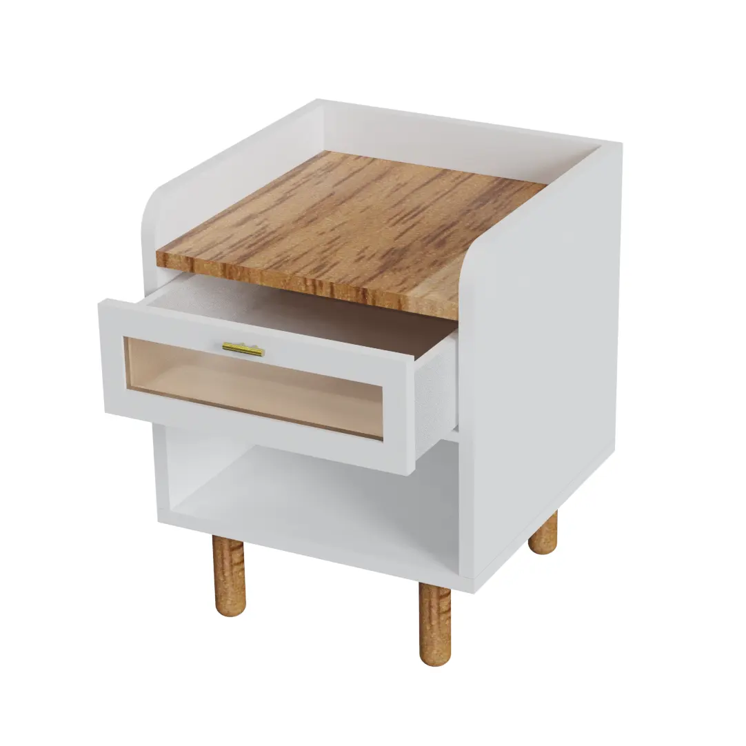Nightstand Bedside Tables Glass Drawer Compartment Wood Grain White Side Table