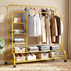 Modern Yellow Metal Clothing Rack with Wheels and Storage <b>Shelves</b> for Living Room Multifunctional <b>Standing</b> Type - Product Image 5