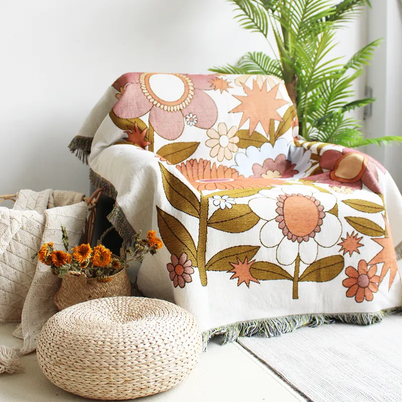 Monad High Quality Bulk Orange Floral Garden Soft Wall Hanging Tapestry Woven Throw Blanket For Sofa