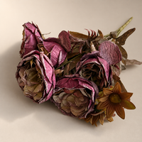 Bouquet de roses artificielles Austin vintage à bords brûlés, 9 têtes, fleurs en soie rétro, fausse composition florale mixte pour la décoration de la maison et de mariage