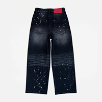 Jean en denim pour homme, coupe droite ample, noir, effet éclaboussures de peinture, délavé, dégradé, effet usé, effet moustaches, personnalisé OEM