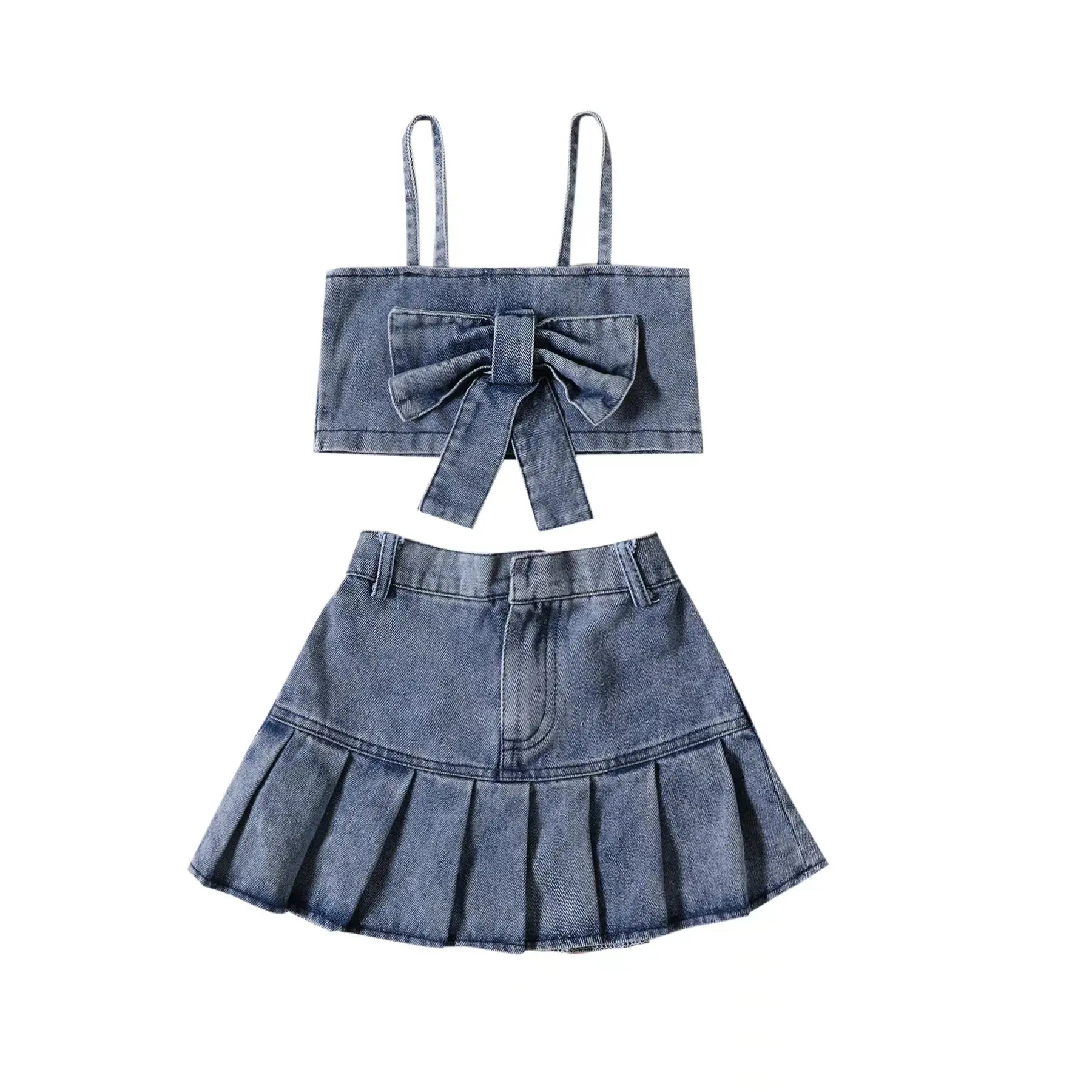 Atacado de alta qualidade luxo denim 2pc arco tank top e saia meninas conjuntos de roupas para 11 anos de idade