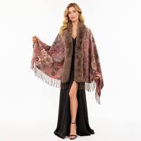 Selendang Cetak Paisley Vintage Wanita Kerah Bulu Imitasi Hangat Musim Dingin Boho Cape Ponco Rumbai Multi-Warna Custom OEM ODM Grosir
