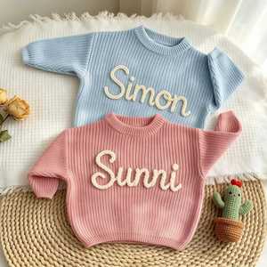Custom Embroidered Cotton Sweater Name Hand-Knitted Soft Elastic Washable Toddler <b>Jumper</b> Newborn Baby <b>Boys</b> - Product Image 2
