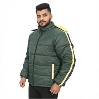 Manteau d'hiver pour homme en duvet vert avec rayures jaunes, fermeture éclair à capuche, veste décontractée en polyester épais