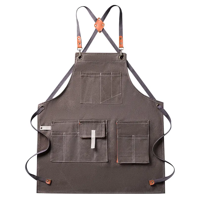 MYGO New Heavy Cotton Canvas Multiple Pockets Design Cross Leather Strap BBQ Coffee Tool Men's Aprons