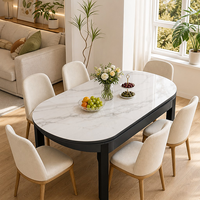 Table à manger de luxe extensible en pierre frittée, structure en bois d'hévéa, design contemporain, forme ronde et ovale, assemblage en option