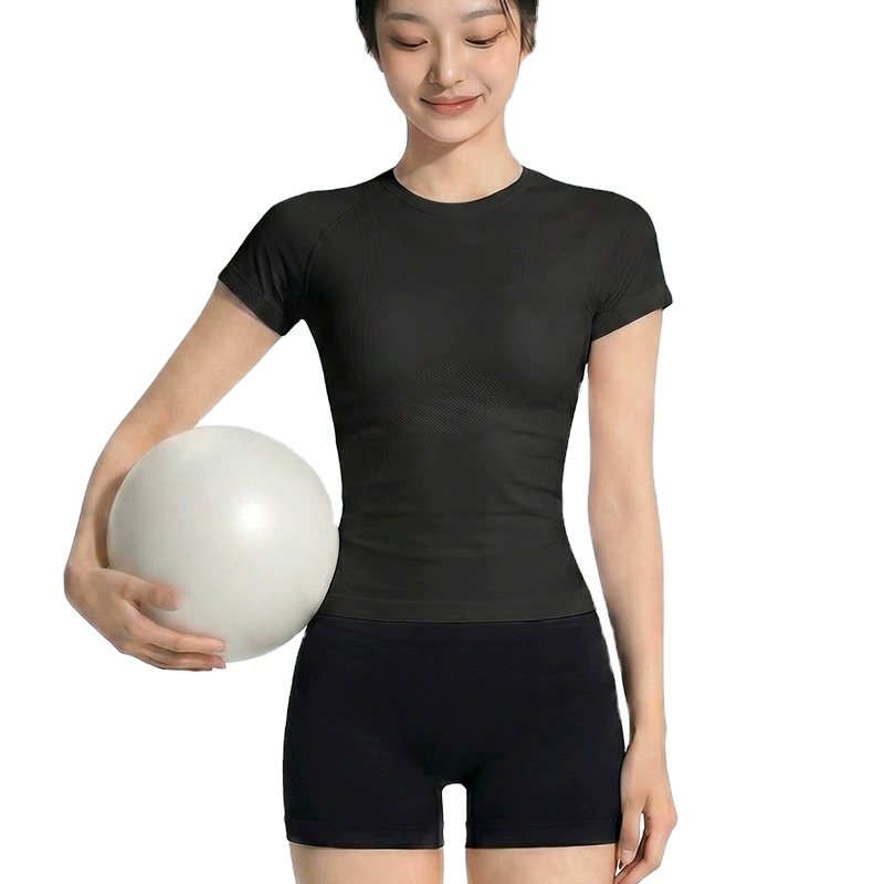 Women's Short Sleeve Slim Fitted Round Neck Tee Quick-drying Sports Seamless Compression T Shirt for Ladies