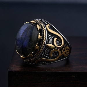 Vintage Gold Plated Stainless Steel Natural Gemstone <strong>Moon</strong> <strong>Stone</strong> <strong>Ring</strong> Flower Wave Pattern Design Party Wedding <strong>Rings</strong> Men Women - Product Image 6