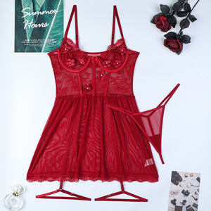 New Fashion V-Neck <b>Suspender</b> See-through Lingerie <b>Set</b> Sexy Seduction Flower Embroidery Lace Bra Brief <b>Set</b> - Product Image 6