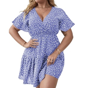 Femmes grande taille col en v a-ligne robe courte décontracté élégant Sexy Mini coton manches courtes avec ourlet à volants été - Product Image 1