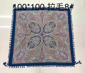 Yiwu premium supplier tassel 100*100cm shawls scarfs muffler vintage women square print floral viscose russian headscarf