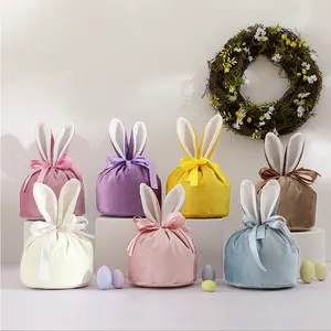 Luxury Easter Decor Drawstring Bunny Gift Pouch Treats Candy Basket Velvet Easter Bunny Bag