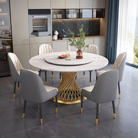Luxuriöser Runder Marmor-Esstisch mit Lazy Susan Goldfarbener Metallgewebter Basis & Eingebauter Drehscheibe Moderner Küchentisch für 6-8 Personen