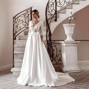 Wedding Dress A-Line V-Neck Lace Mid Sleeve Ivory White Natural Waistline Simple Style - Product Image 3