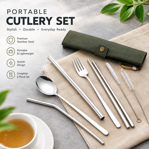 Kit complet portable moderne en acier inoxydable 304 doré, comprenant cuillère, paille, baguettes et fourchette, pour étudiants et cantines - Product Image 3